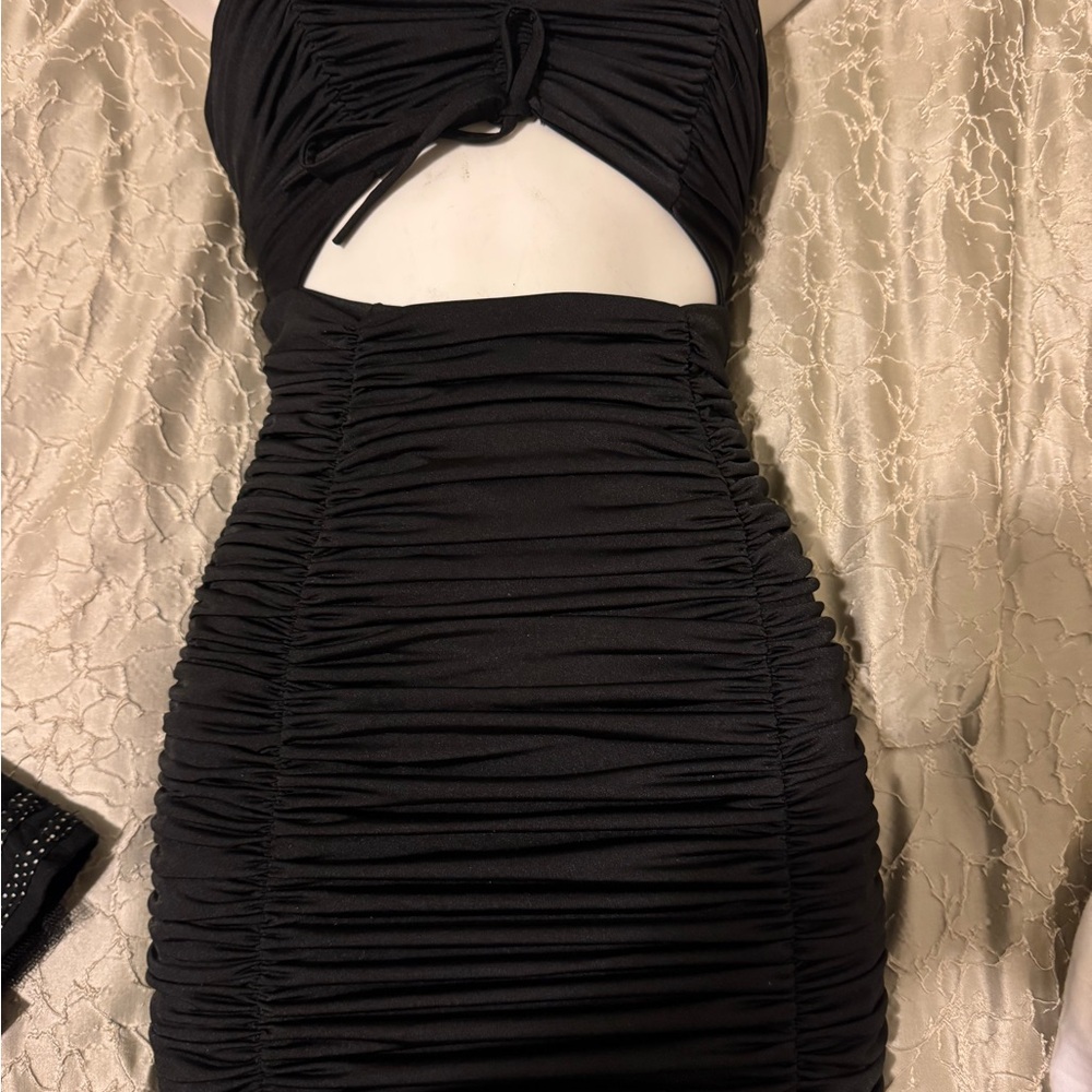 Chic Black Ruched Mini Dress - Picture 2 of 6